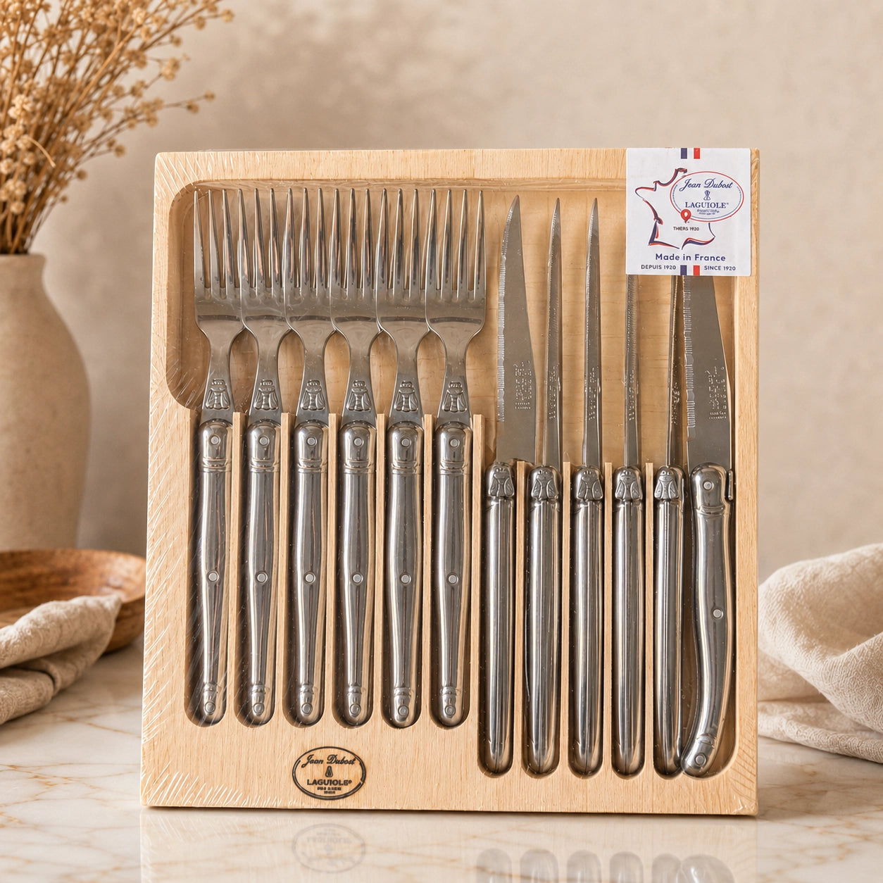 Jean Dubost Laguiole 12-Piece Set — 6 Steak Knives & 6 Forks