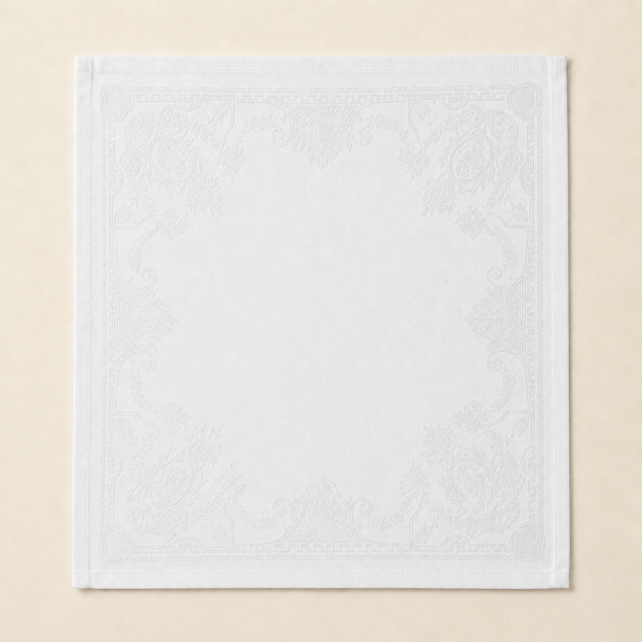 Royal white jacquard napkins set of 6 — tone on tone floral
border — GEM de France New Orleans