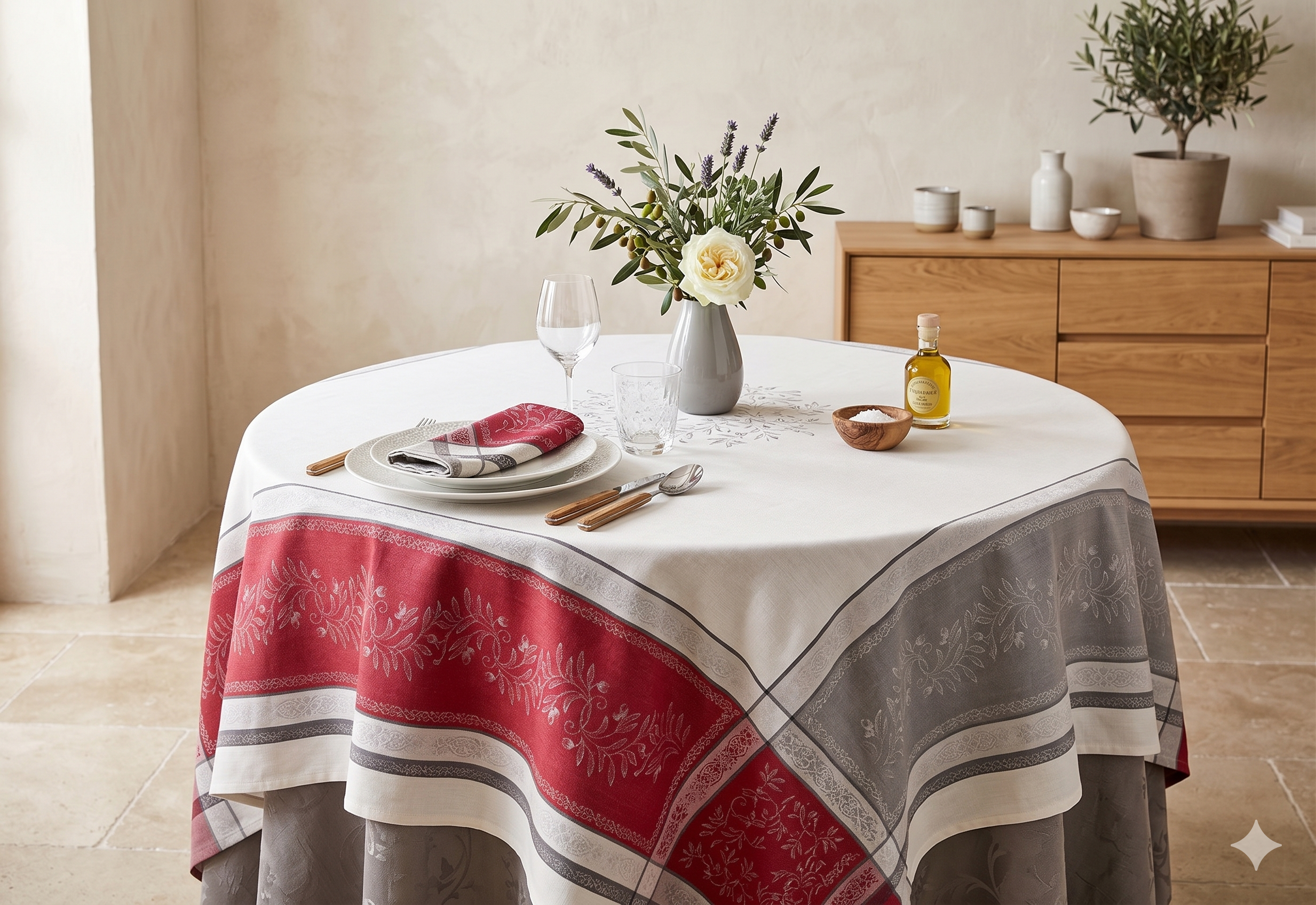 Olive Grey & Burgundy Tablecloth