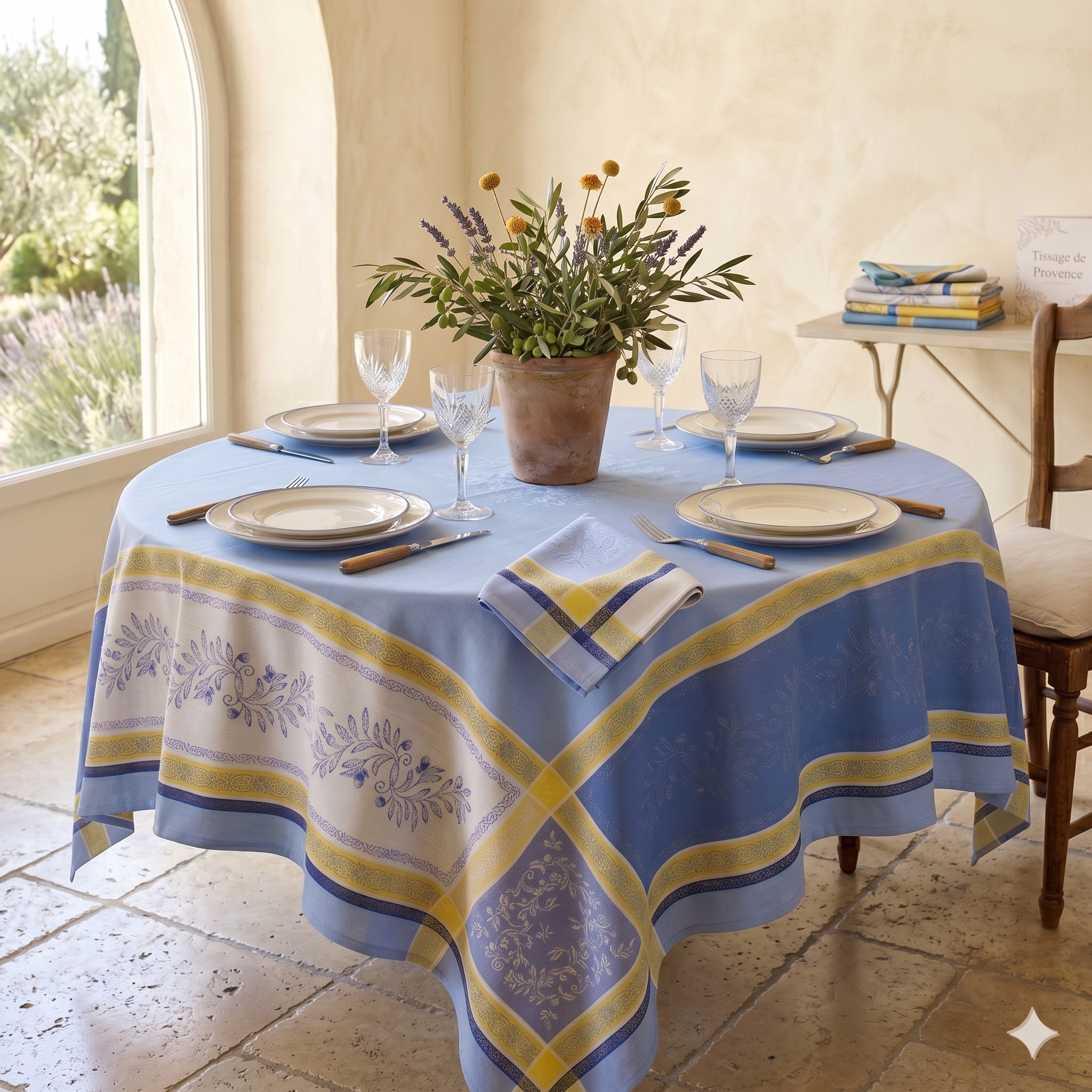 Olive Blue Jacquard Tablecloth