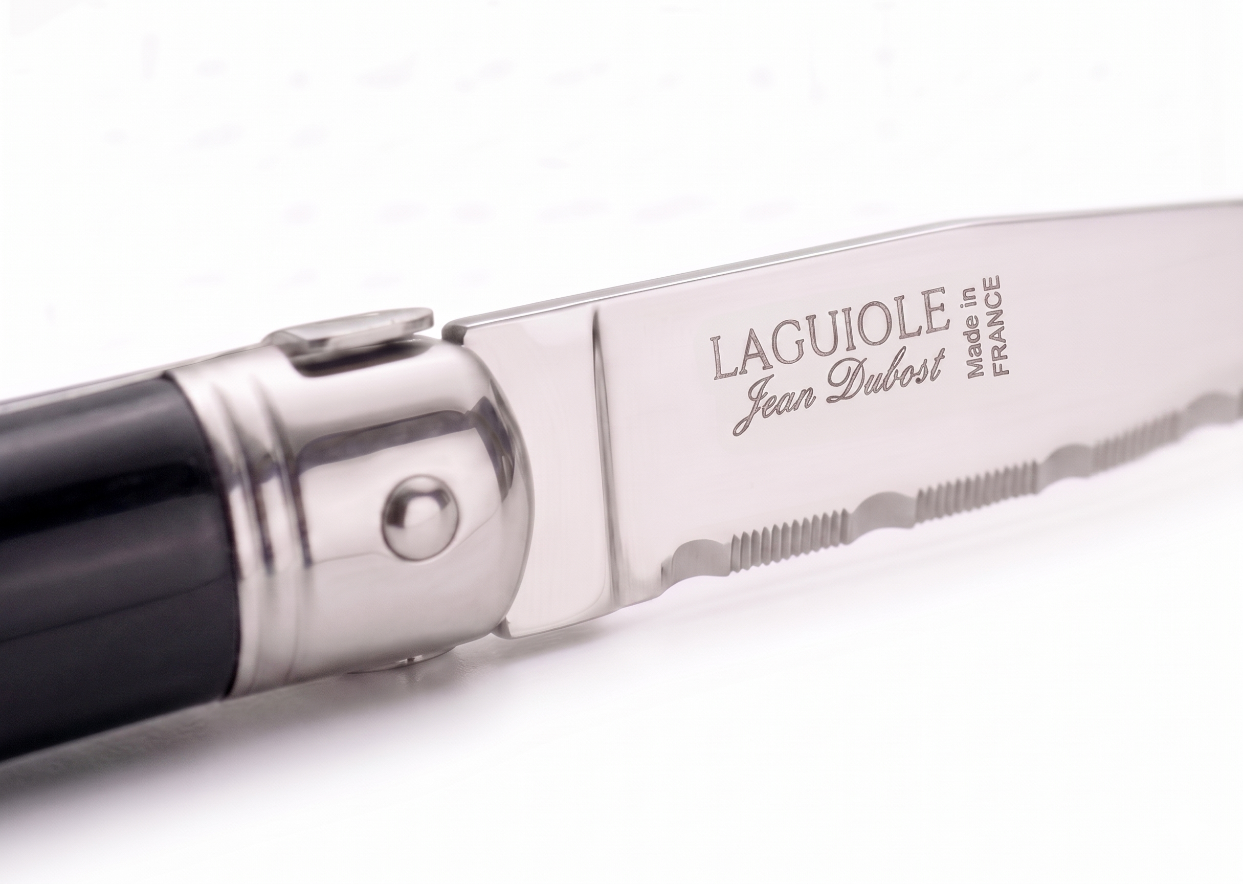 Jean Dubost Laguiole Steak Knife Black Handle Blade Detail — GEM de France New Orleans
