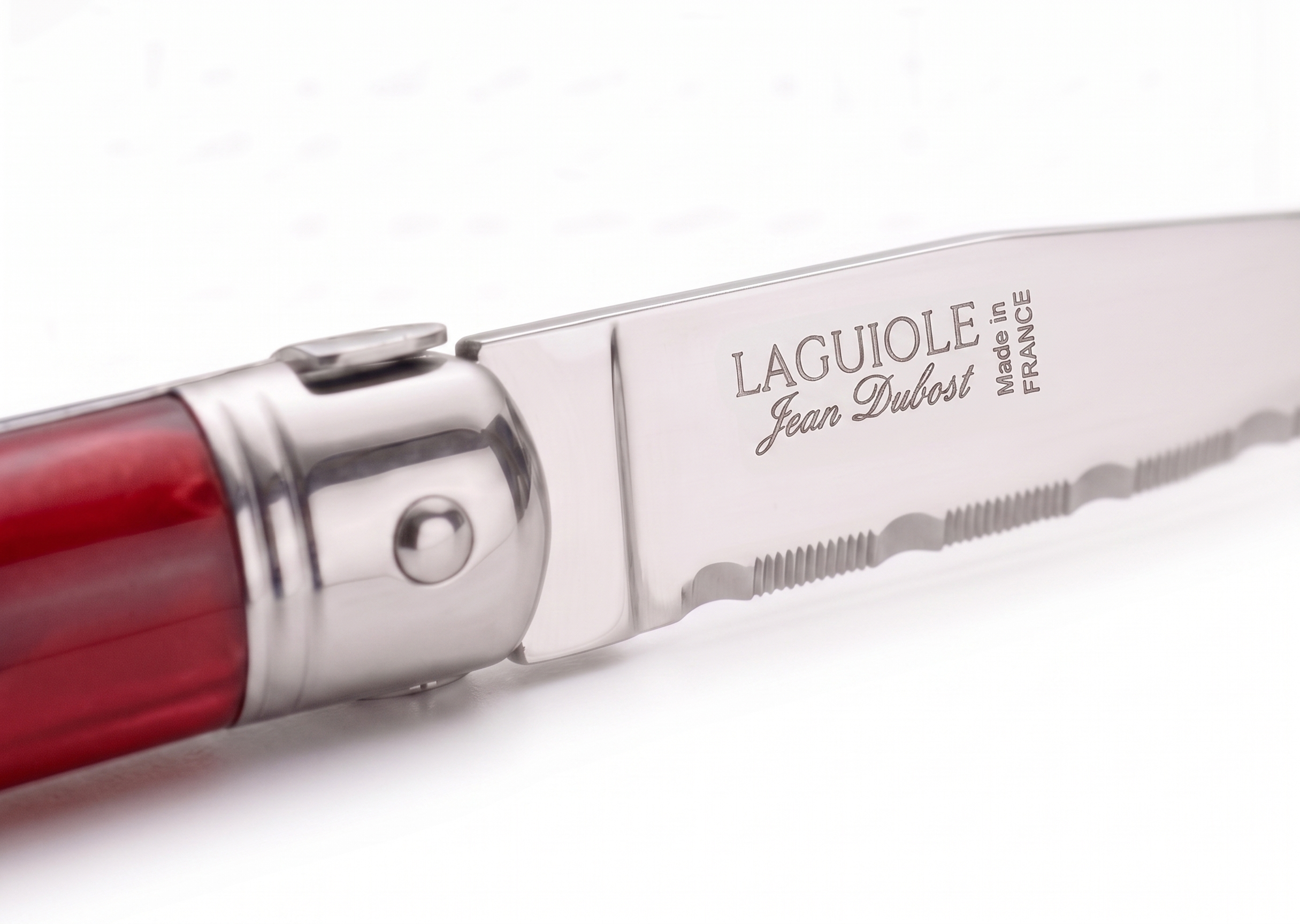 Jean Dubost Laguiole Steak Knife Burgundy Red Blade Detail — GEM de France New Orleans