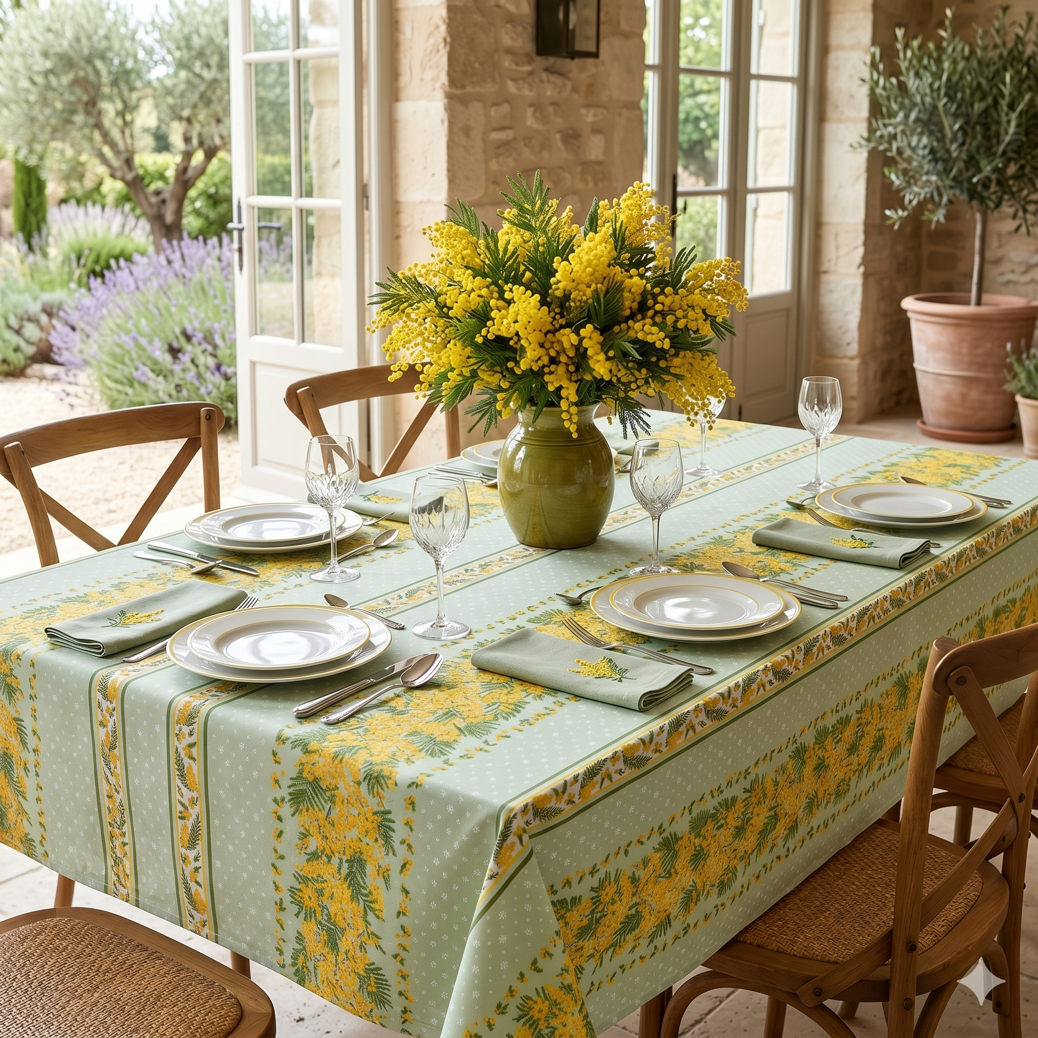 Mandelieu Mimosa Provençal coated tablecloth — Green — 
rectangular — GEM de France New Orleans