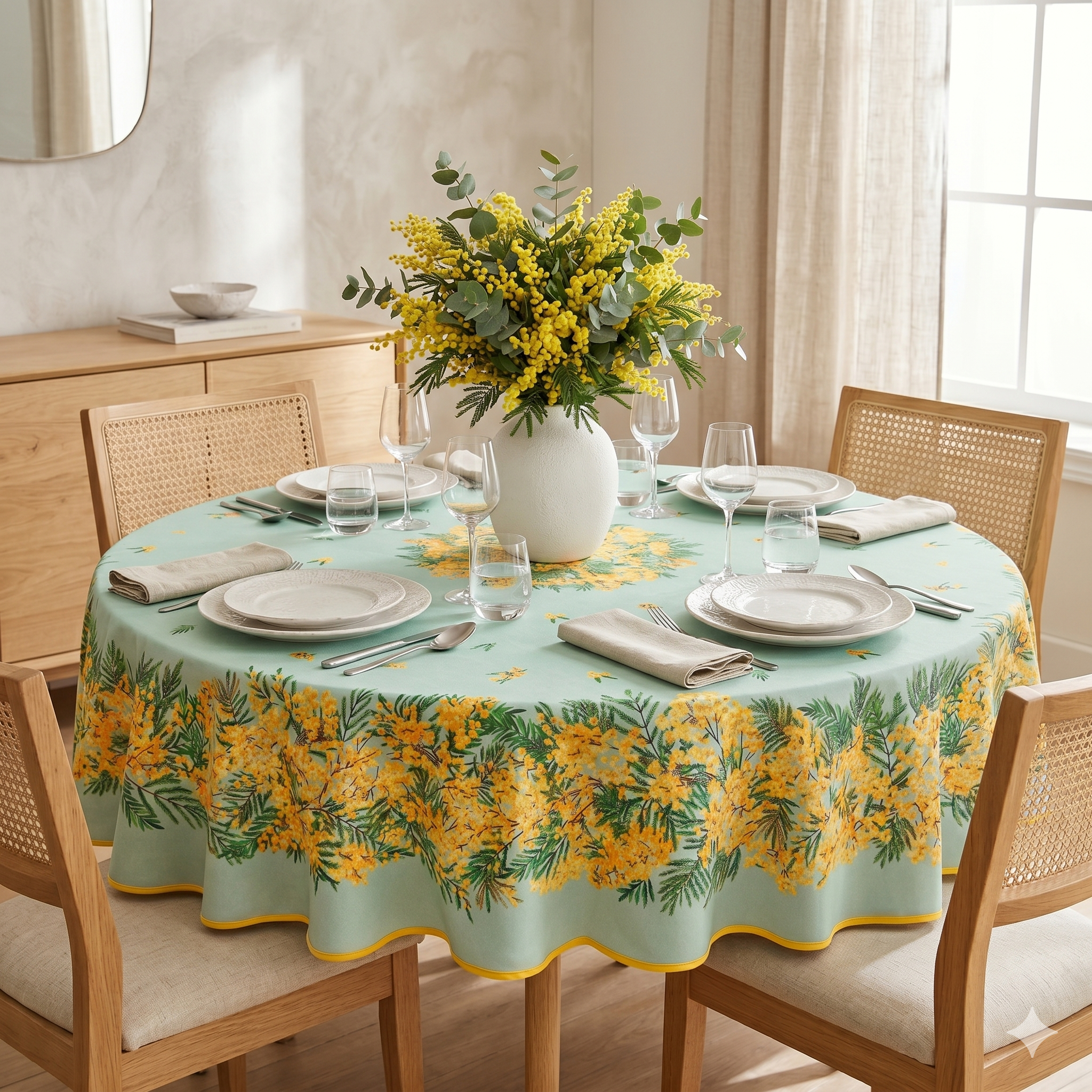 Mandelieu Mimosa Provençal coated tablecloth 71 inch round — 
yellow floral — GEM de France New Orleans