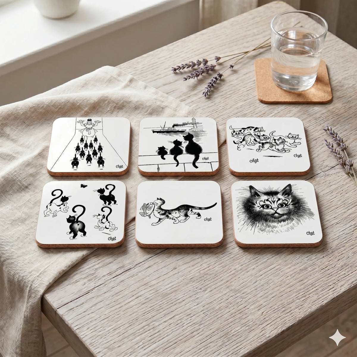 Set of six cat-themed coasters on a wooden table with a glass of water and lavender.