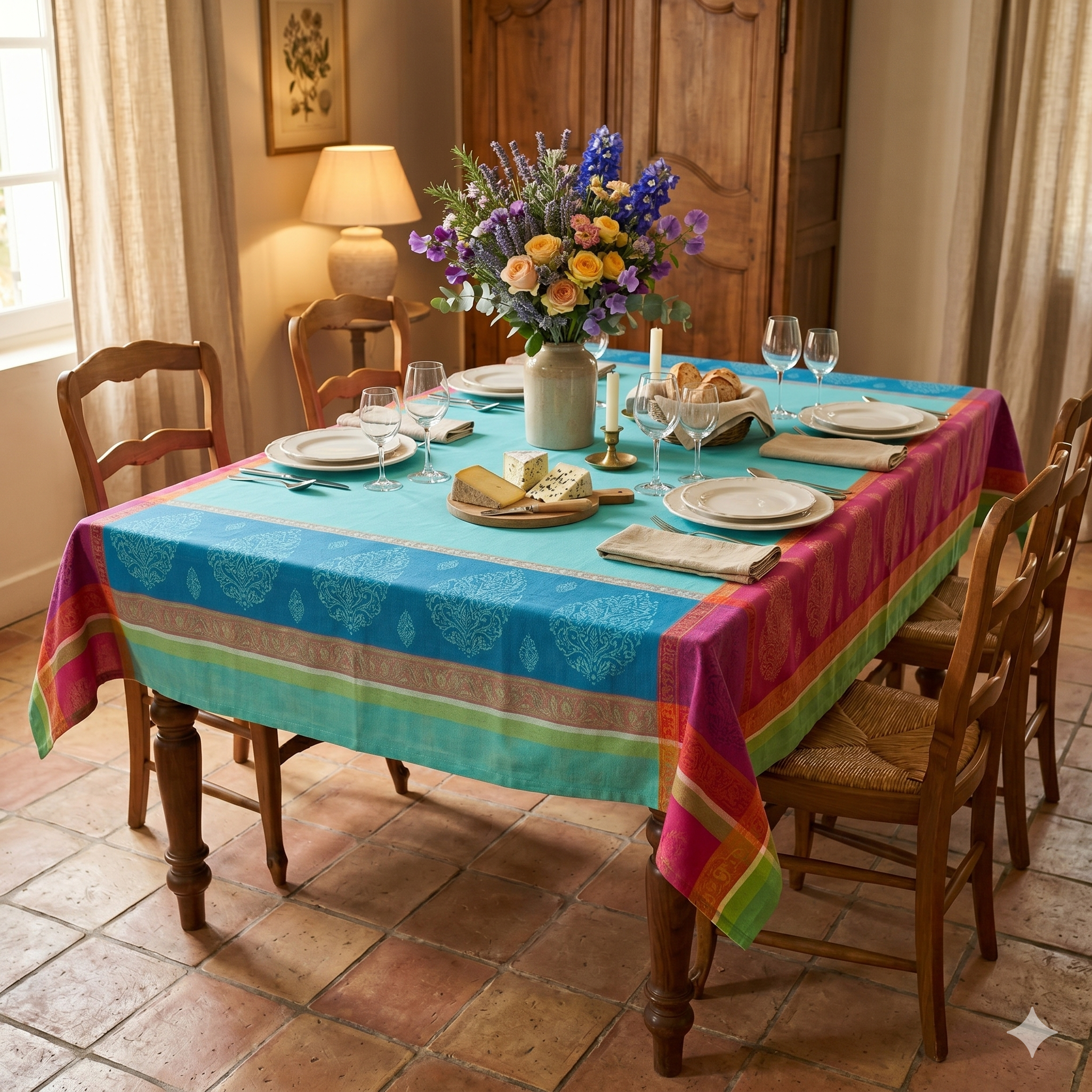 Festival Turquoise Provençal tablecloth by GEM de France — Teflon coated, stain resistant, imported from France