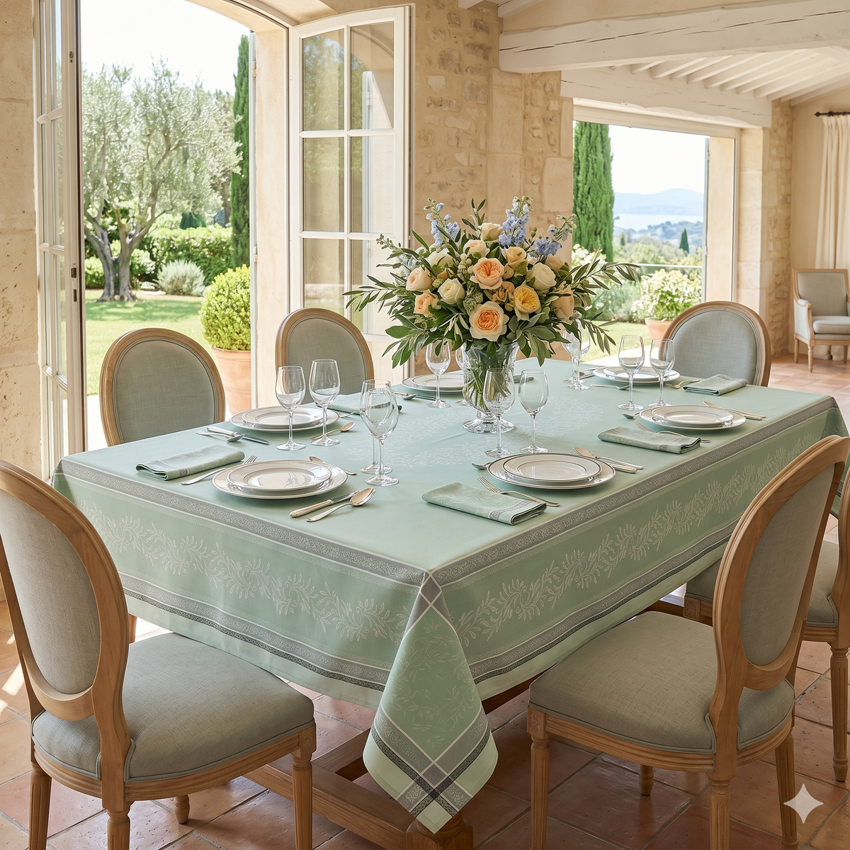 Olive Green and Lin Jacquard Tablecloth | GEM de France