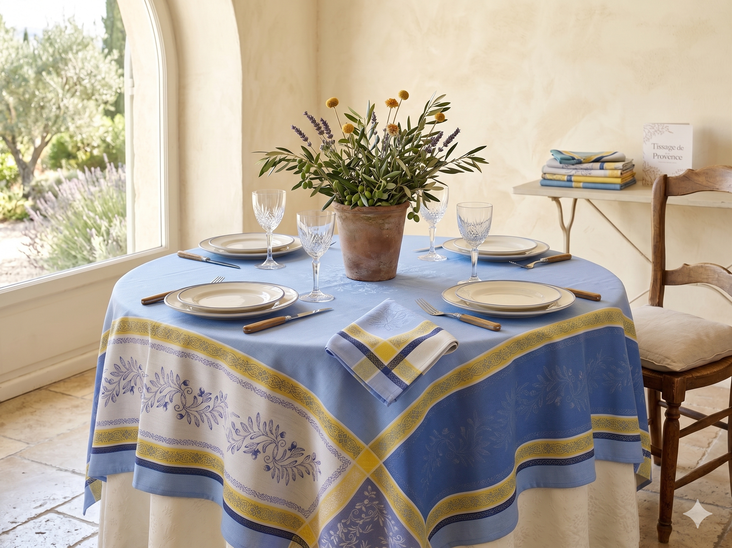 Olive Blue Jacquard Tablecloth
