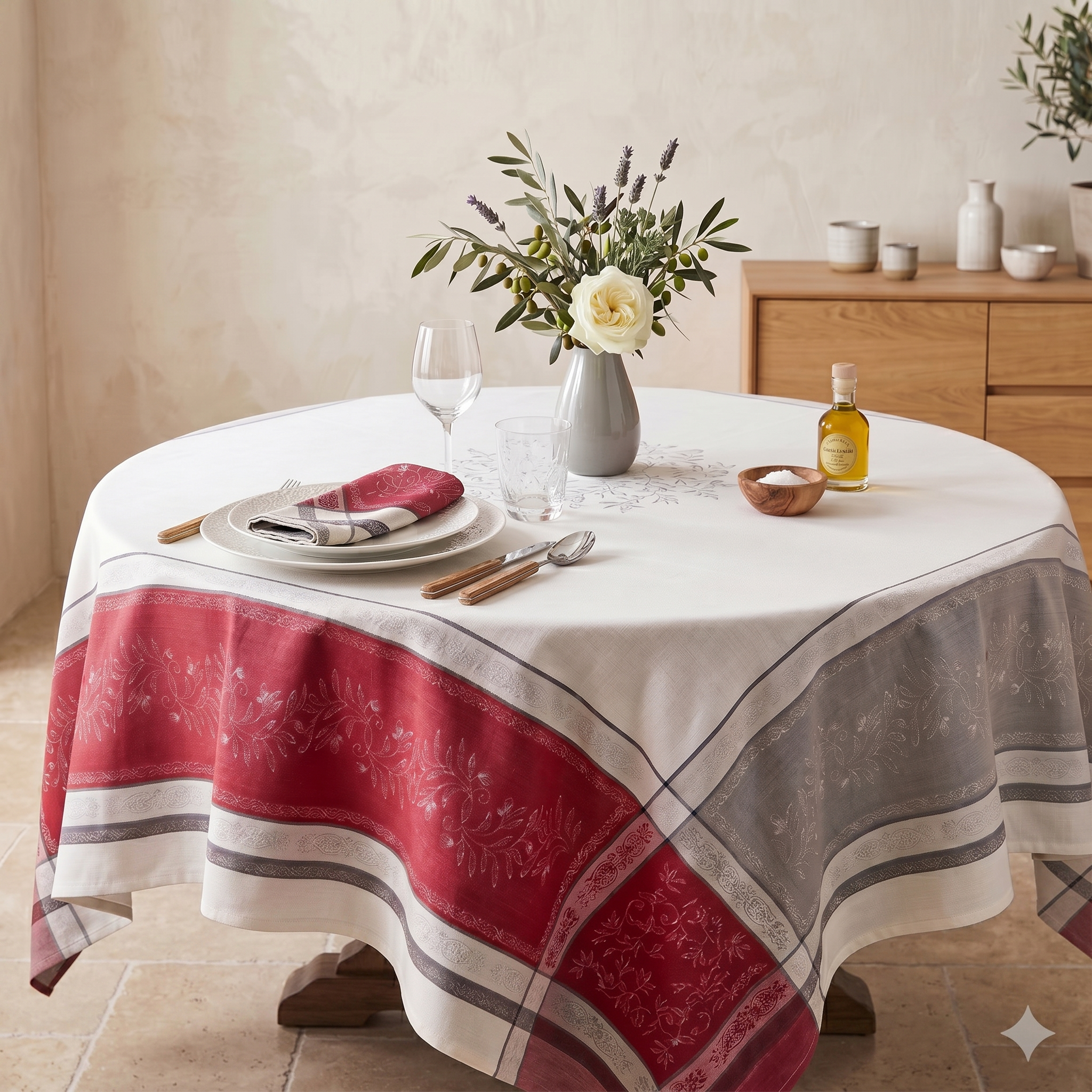 Olive Grey & Burgundy Tablecloth